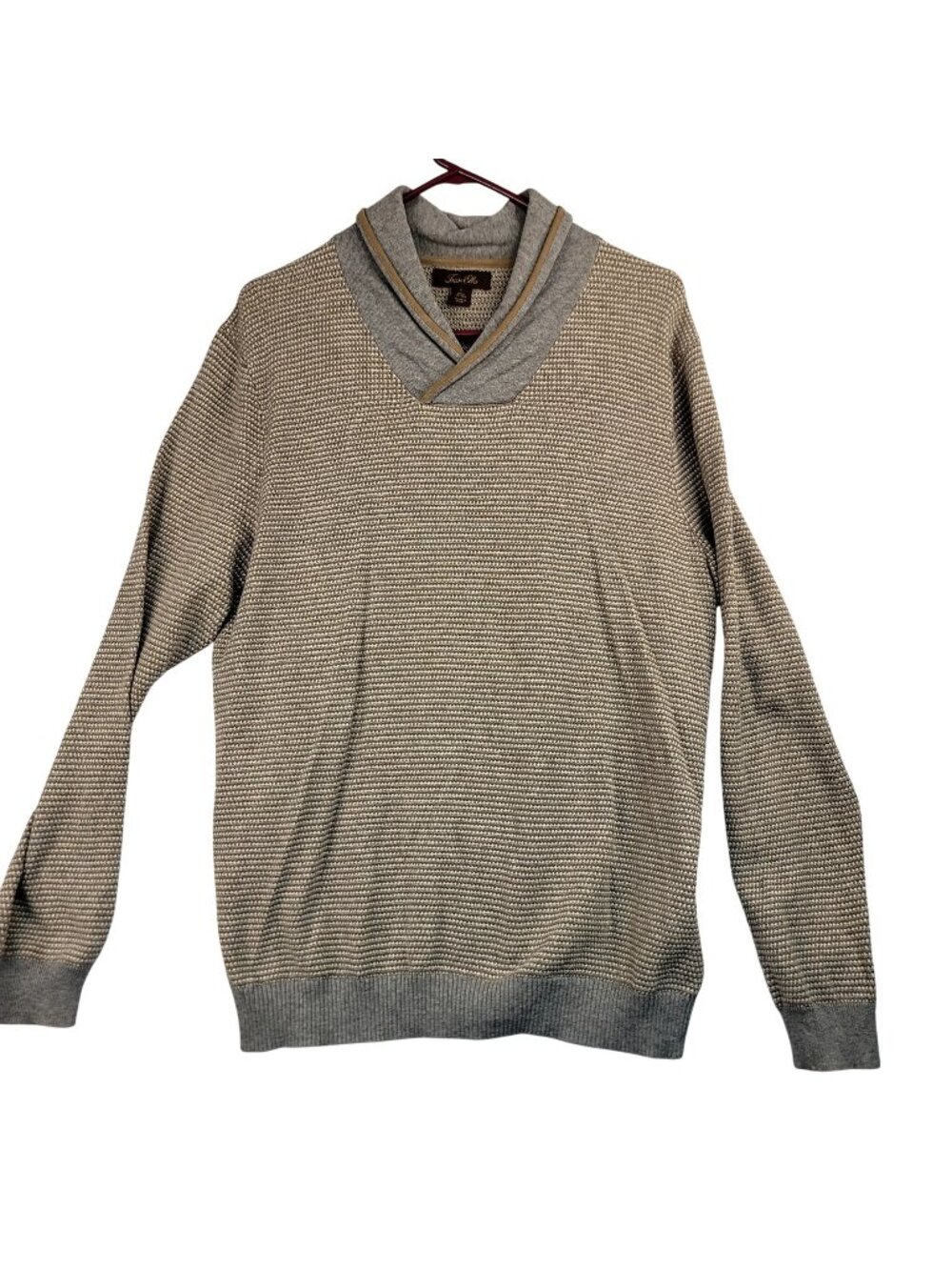 Tasso Elba Mens Large Rice Stitch Ribbed Trim Shawl-Collar Sweater Gray Beige
